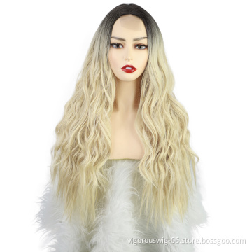 Vigorous Long Wave Hair Lace Wigs Front for Black Women Ombre Color Black To Blonde Synthetic Curly Hair Wig Middle Parting